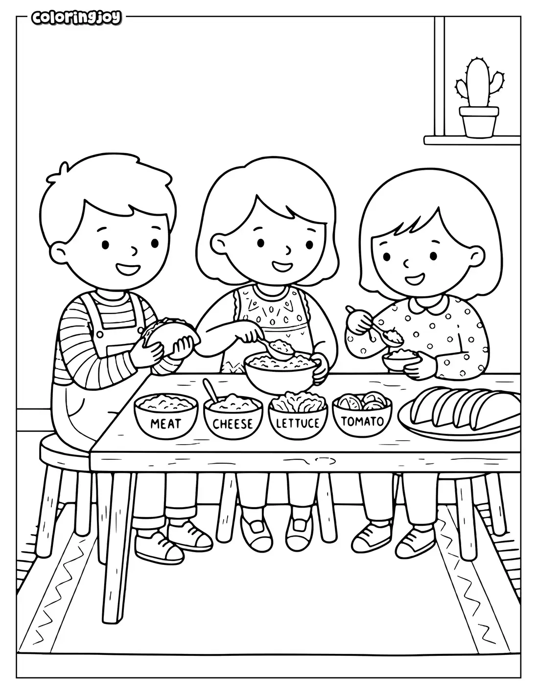Children building tacos at a table with colorful toppings bowls.