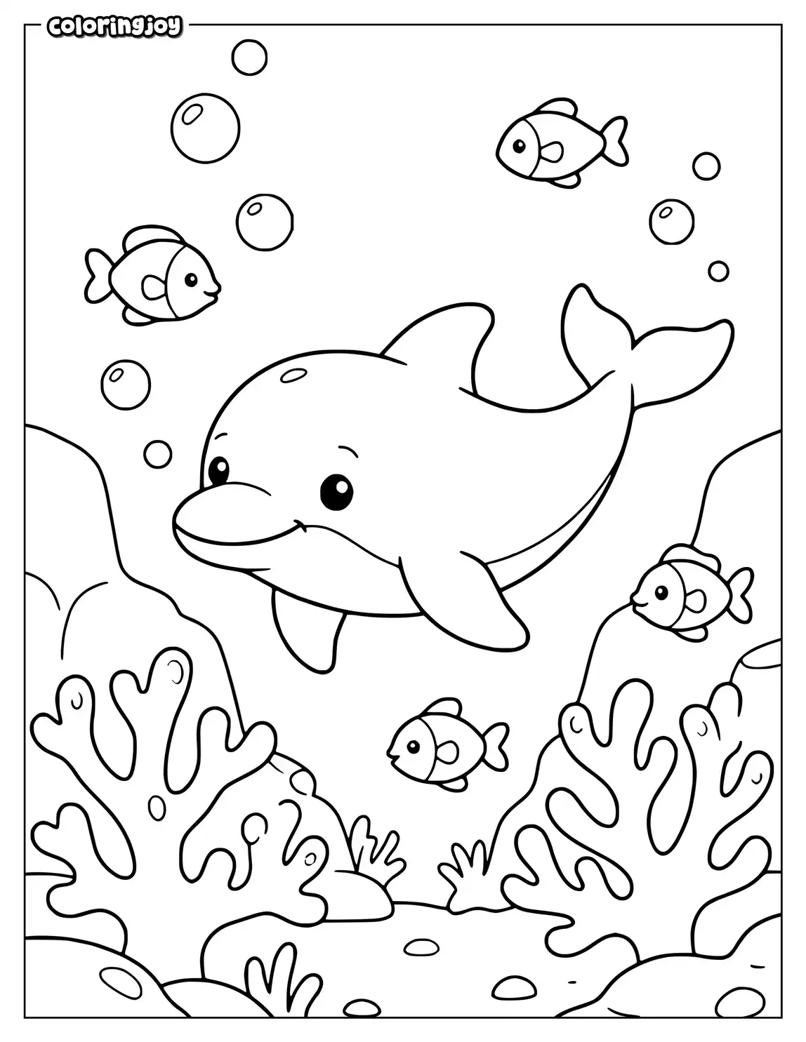 A curious dolphin explores coral branches with fish and bubbles.