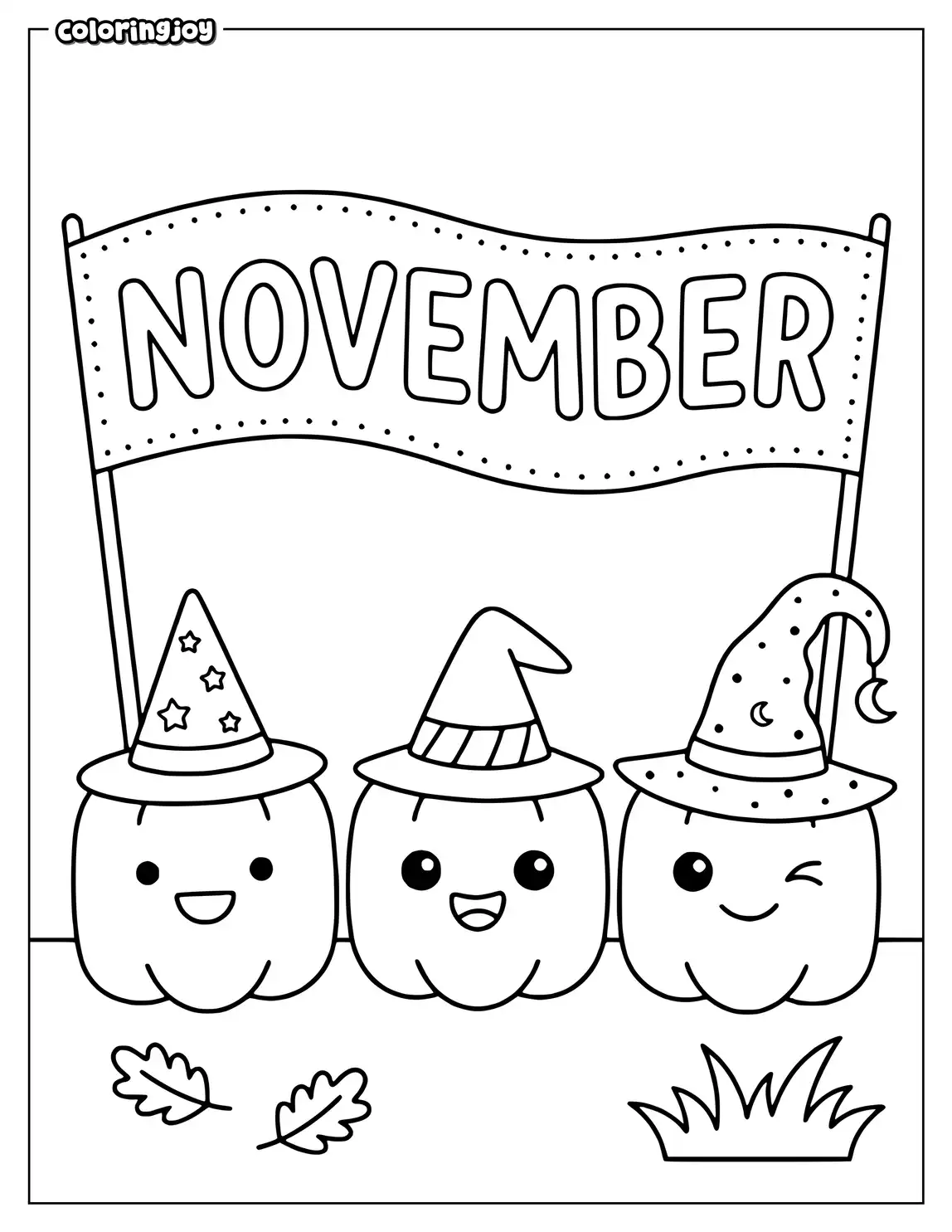 Three square pumpkins march beneath a banner that says November.