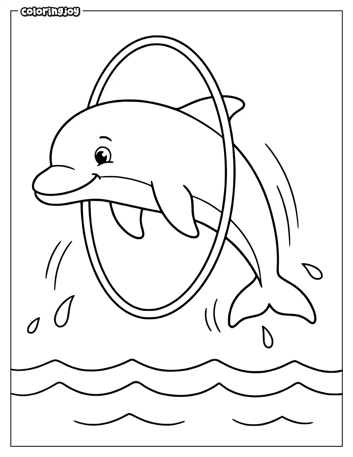 A playful dolphin jumps through a hoop above gentle waves.