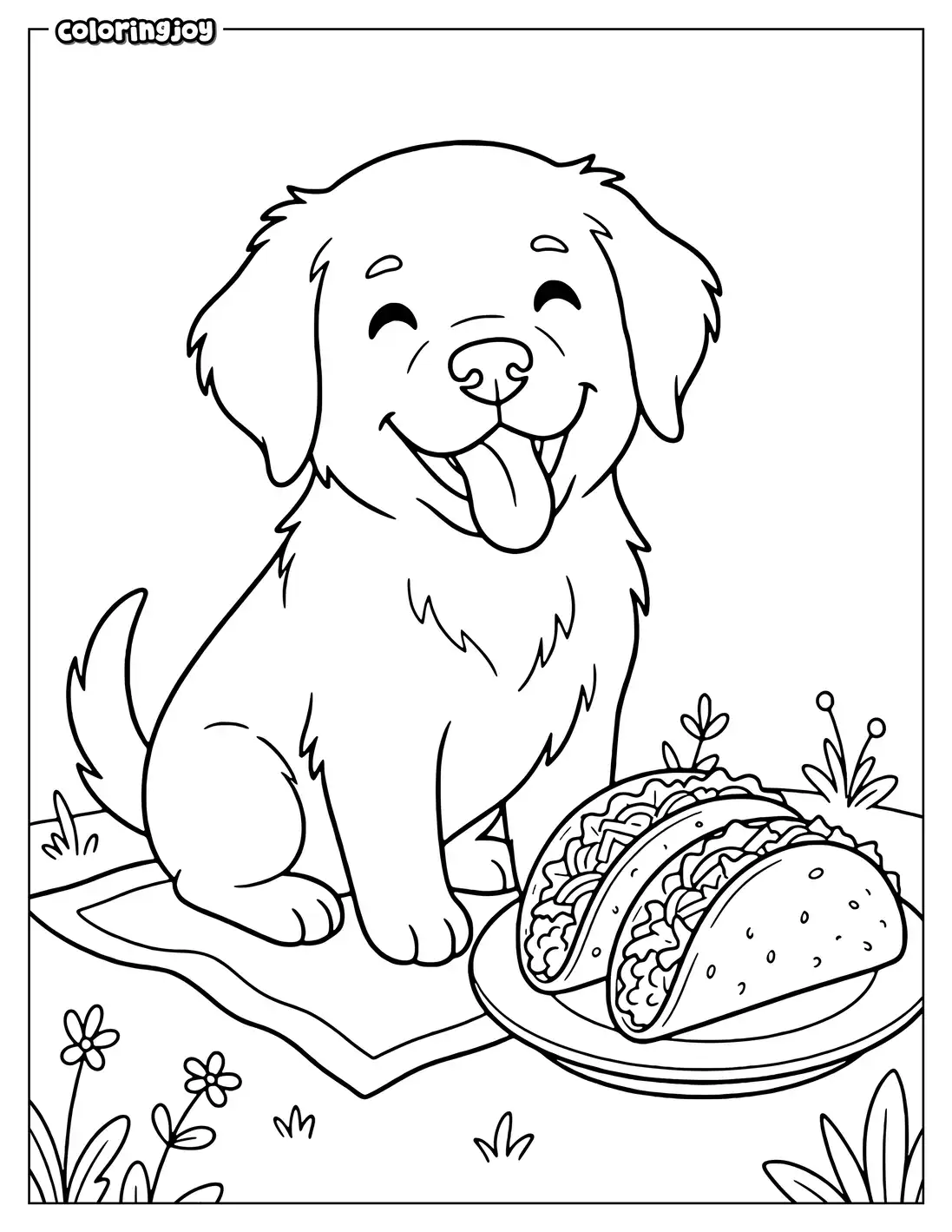 Puppy sitting beside a plate of tacos with drooling tongue.