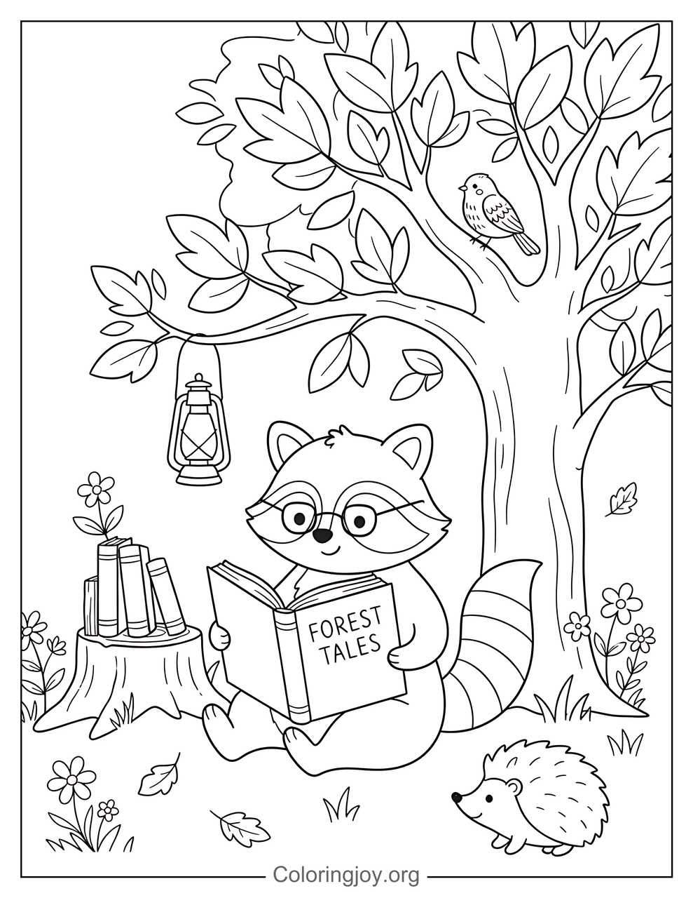 Raccoon Reading a Book Coloring Page