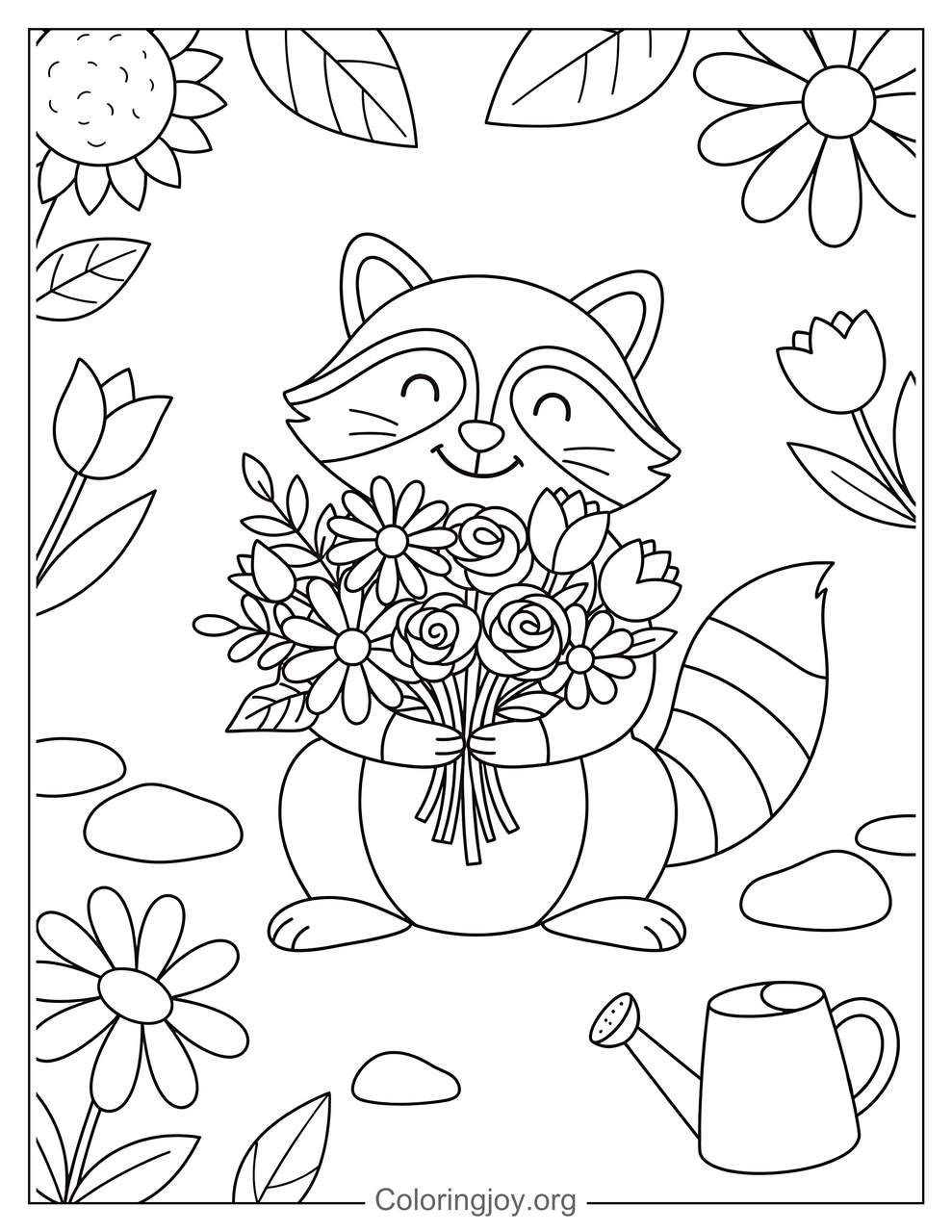 Raccoon with Flowers Coloring Page