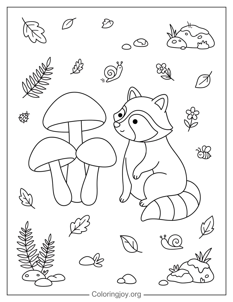 Raccoon with Mushrooms Coloring Page