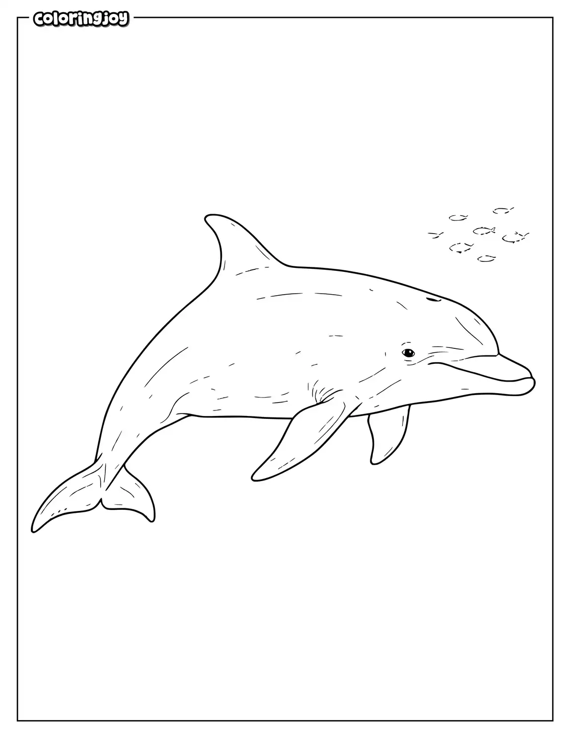 A realistic dolphin swims underwater past small fish and sea plants.