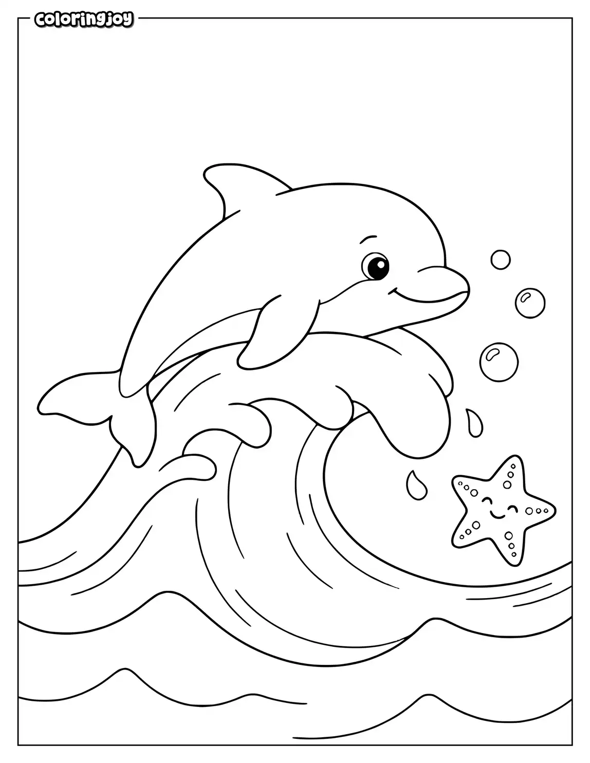A relaxed dolphin rests on a wave beside a starfish.