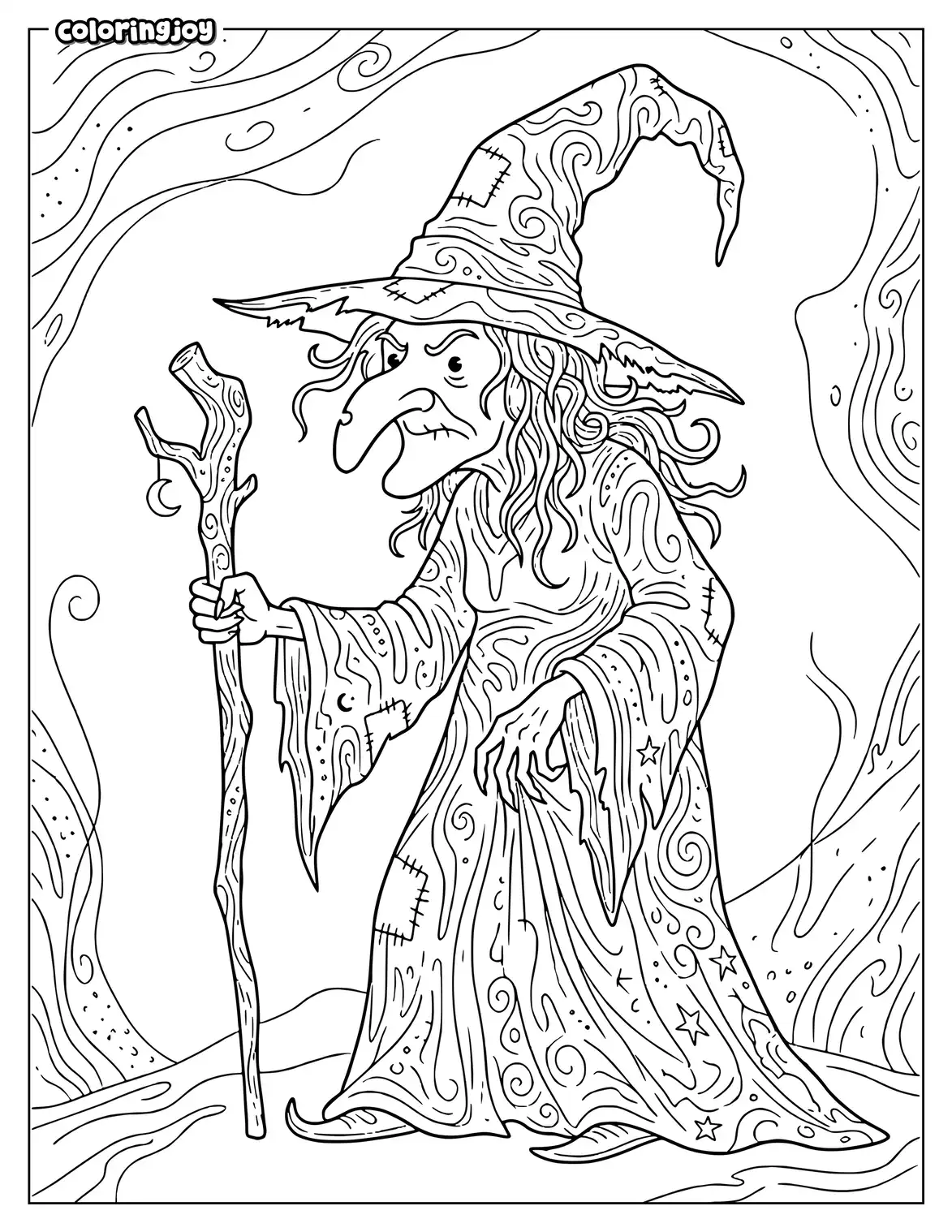 Scary witch coloring page with a hooked nose