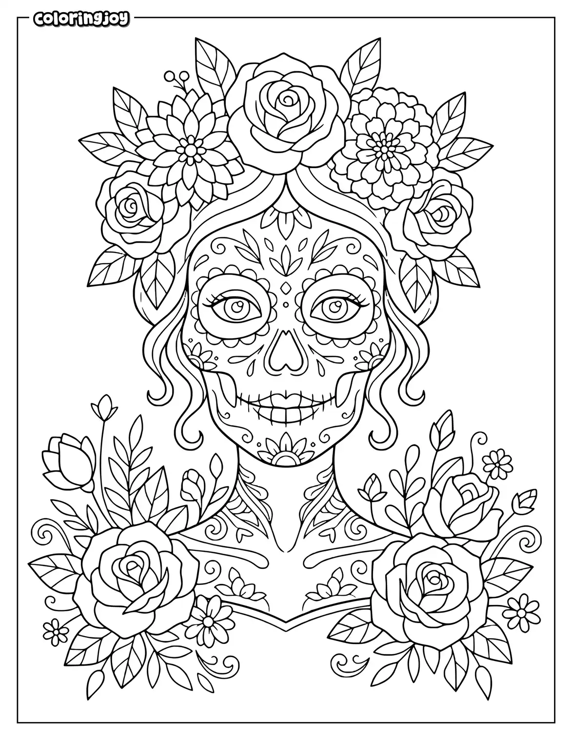 Elegant Catrina portrait with flower crown and simple roses.