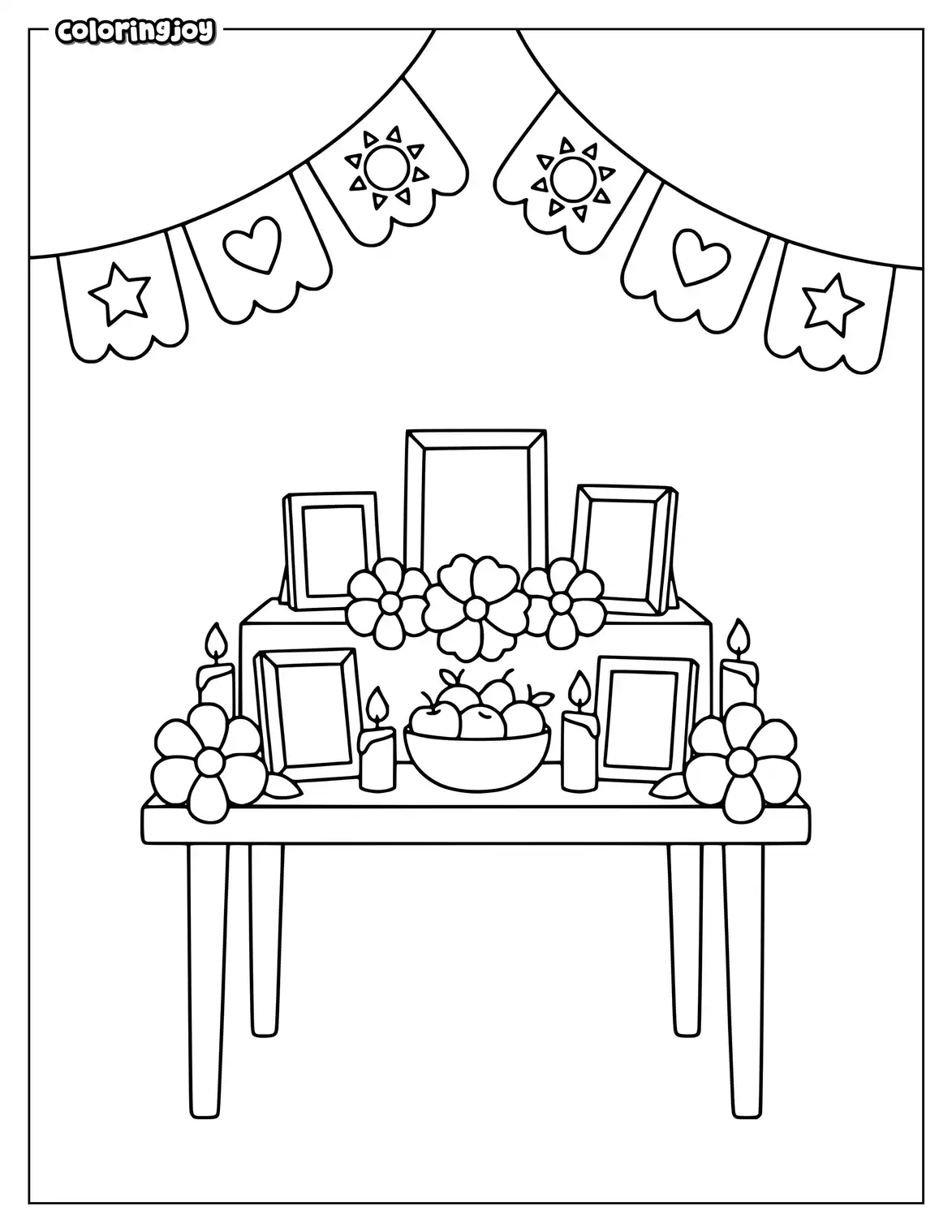 Simple Day of the Dead altar with candles flowers fruit and banners.