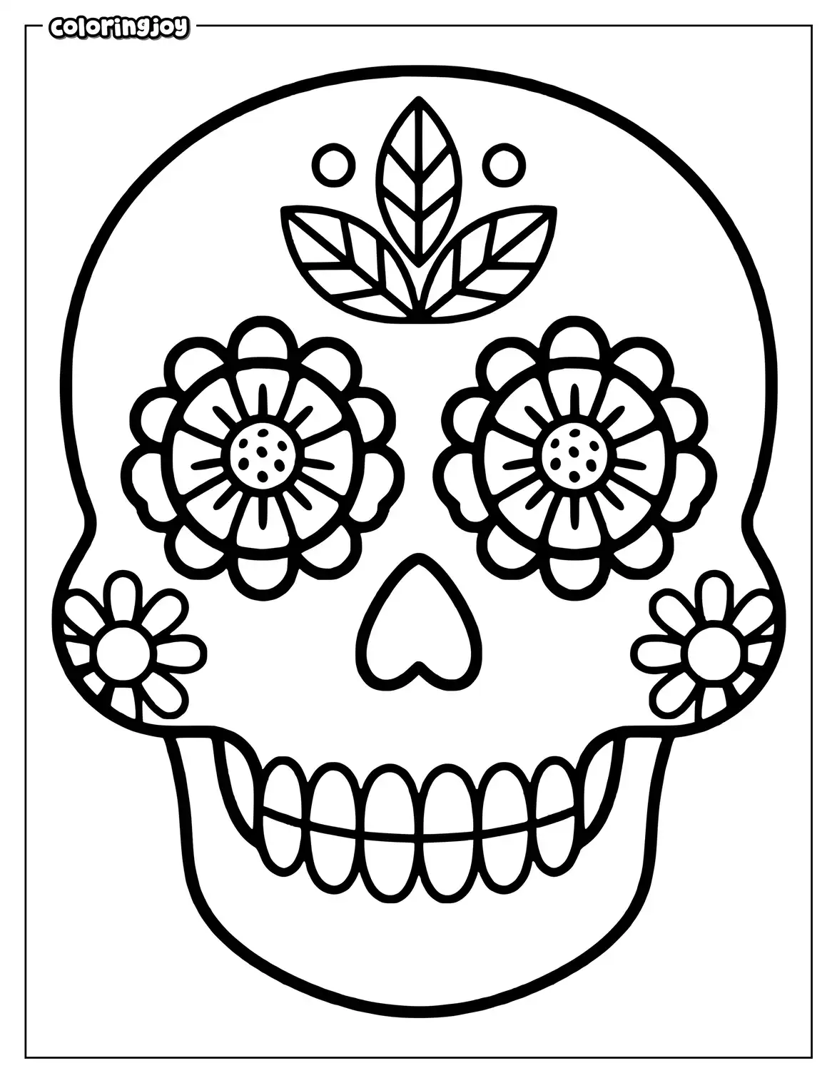 Simple smiling sugar skull with large flowers and easy patterns.