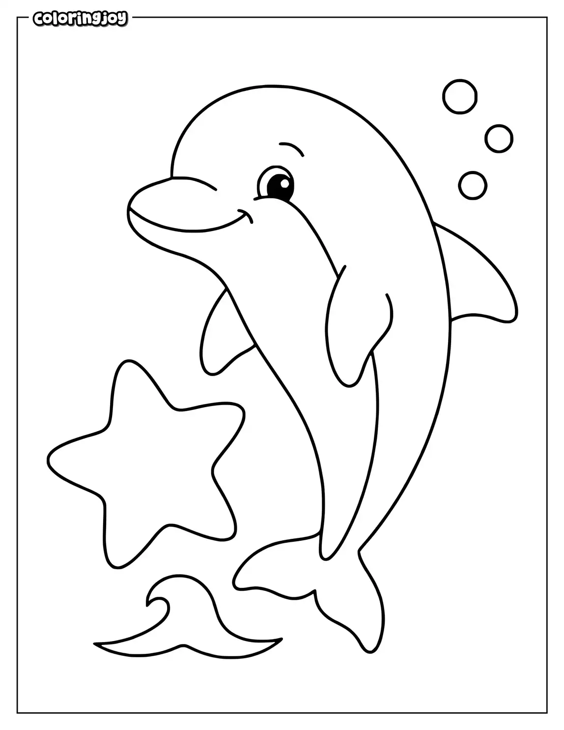 A happy dolphin poses beside a starfish above one wave.