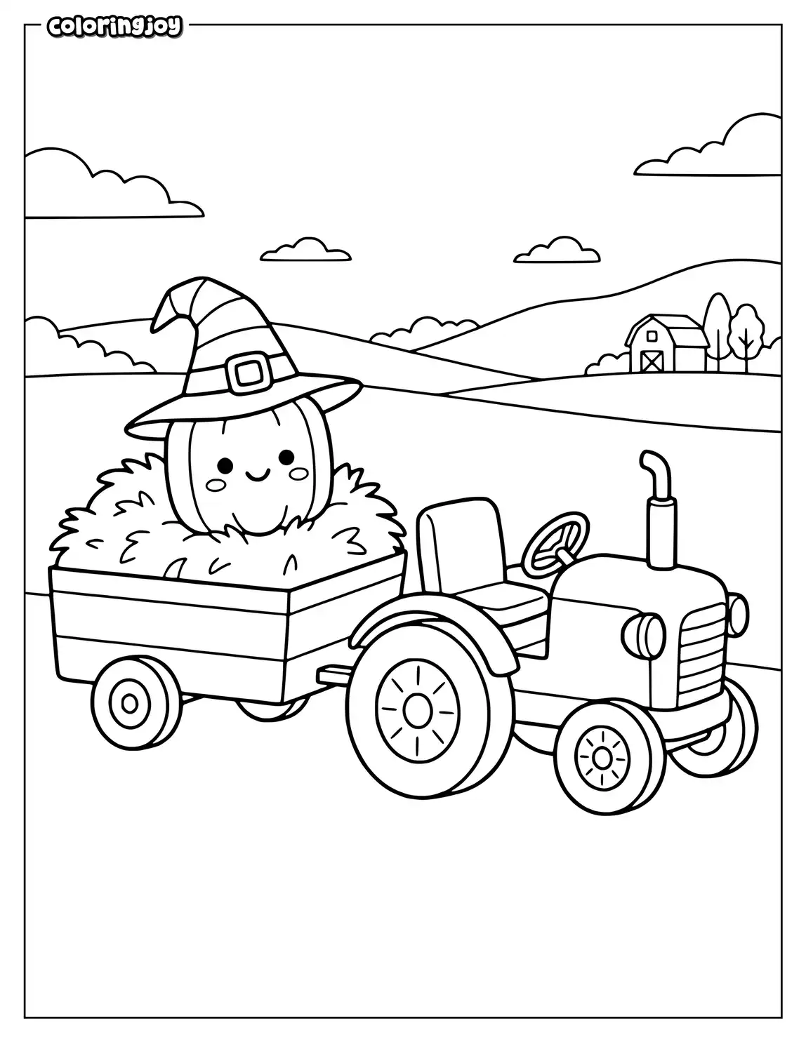 A square pumpkin rides in a farm trailer filled with fluffy hay.