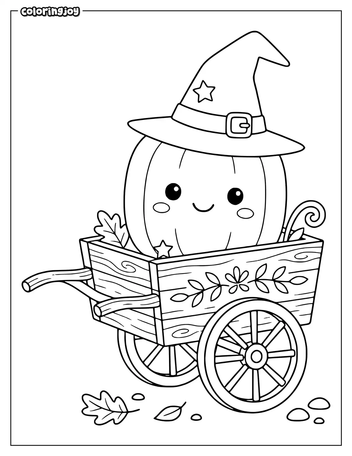 A square pumpkin rolls along in a little wooden harvest cart.