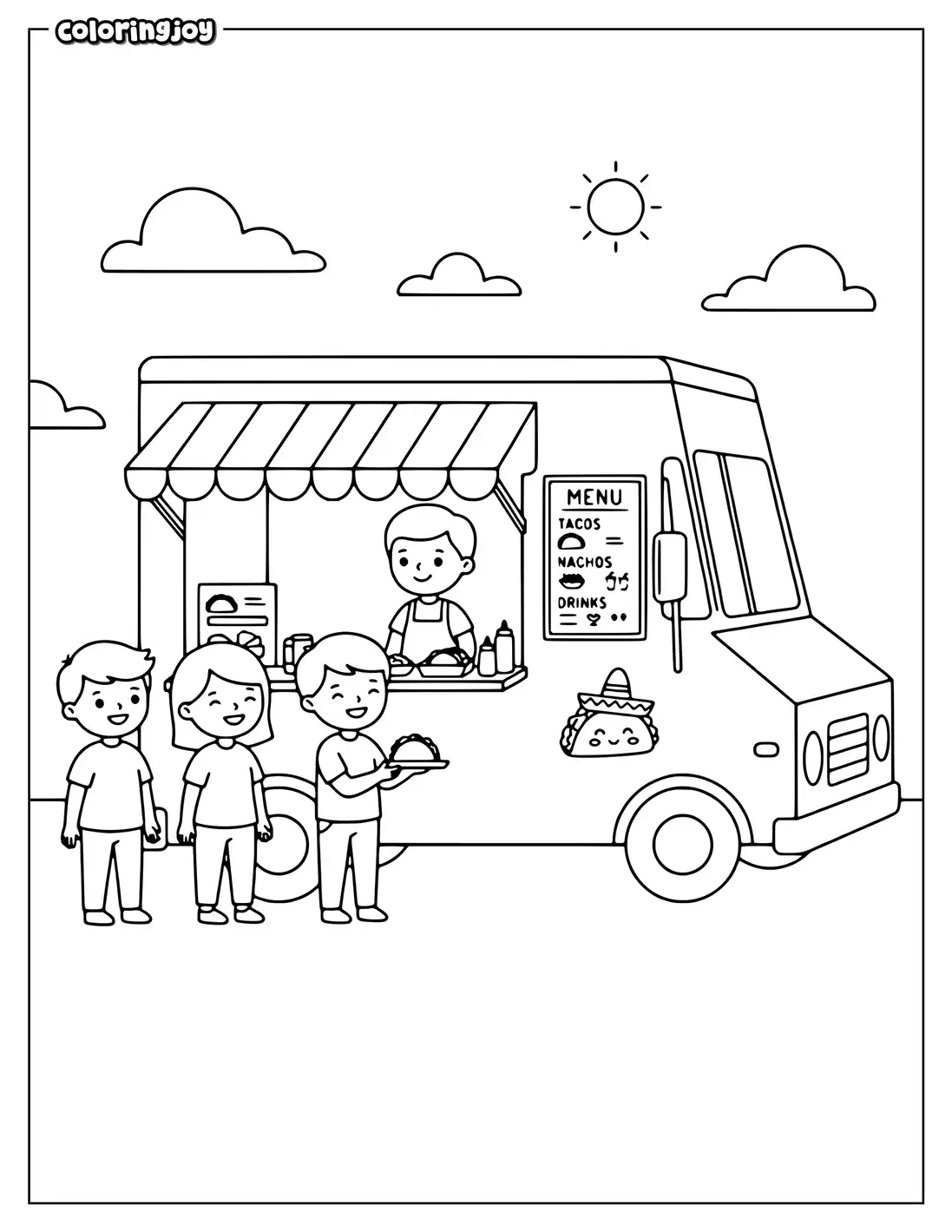 Food truck serving tacos with awning, menu board, and customers.