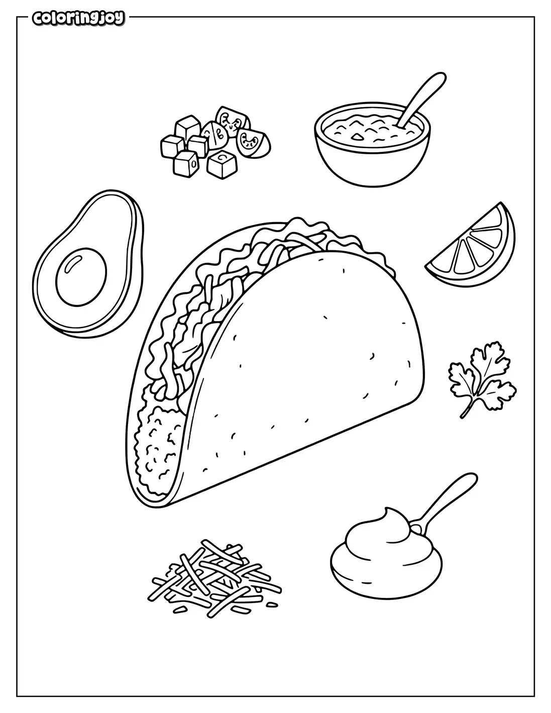 Taco shell surrounded by tomato, avocado, lime, onion, and chili.