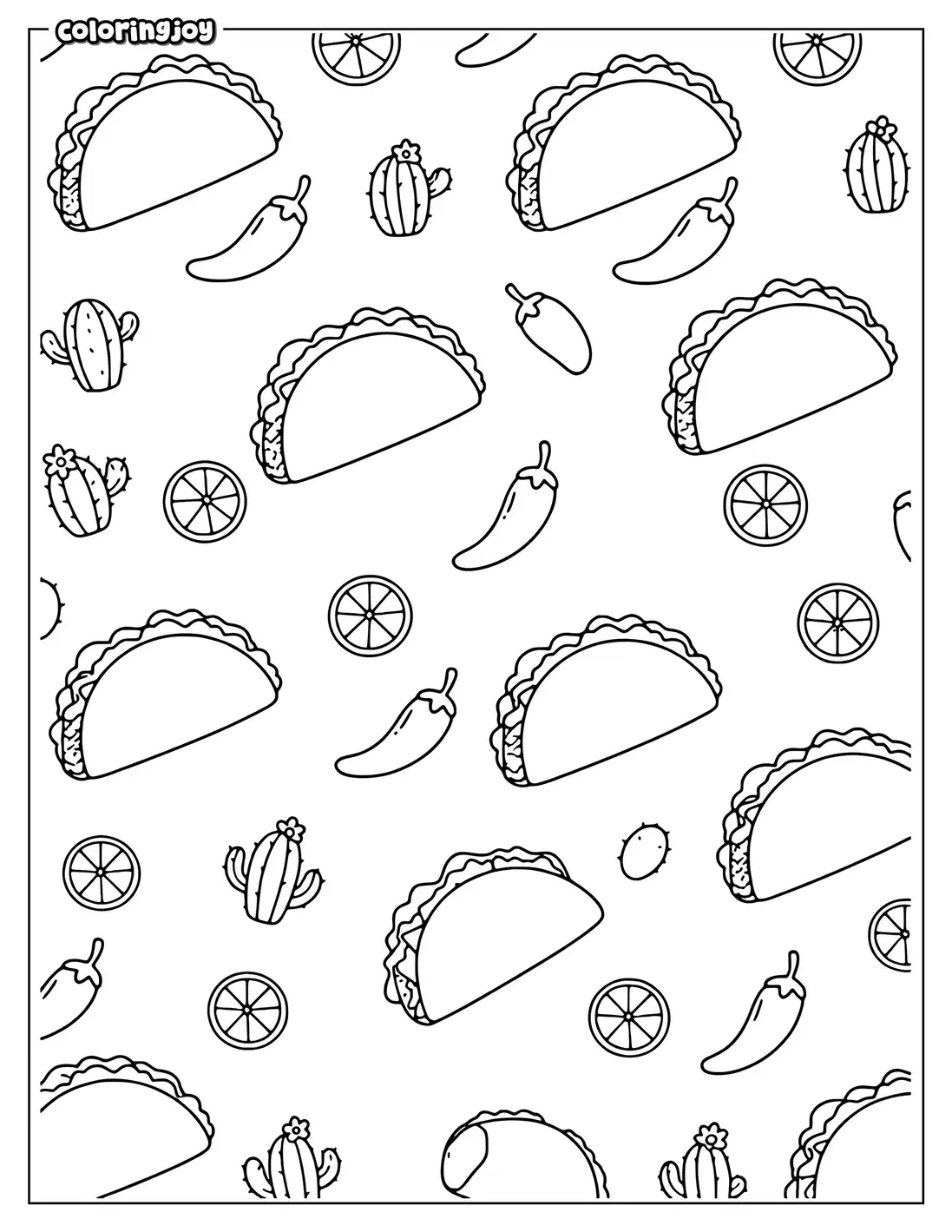 Repeating pattern of tacos, chili peppers, limes, and cactus plants.