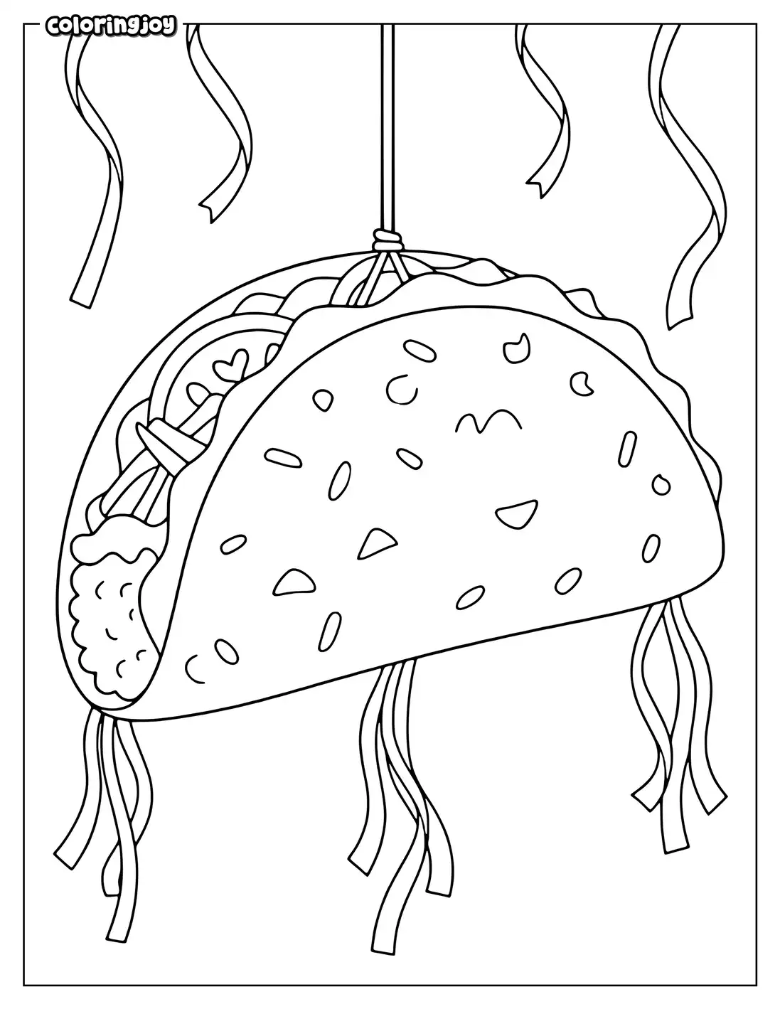 Colorful taco-shaped pinata hanging from a string at a party.