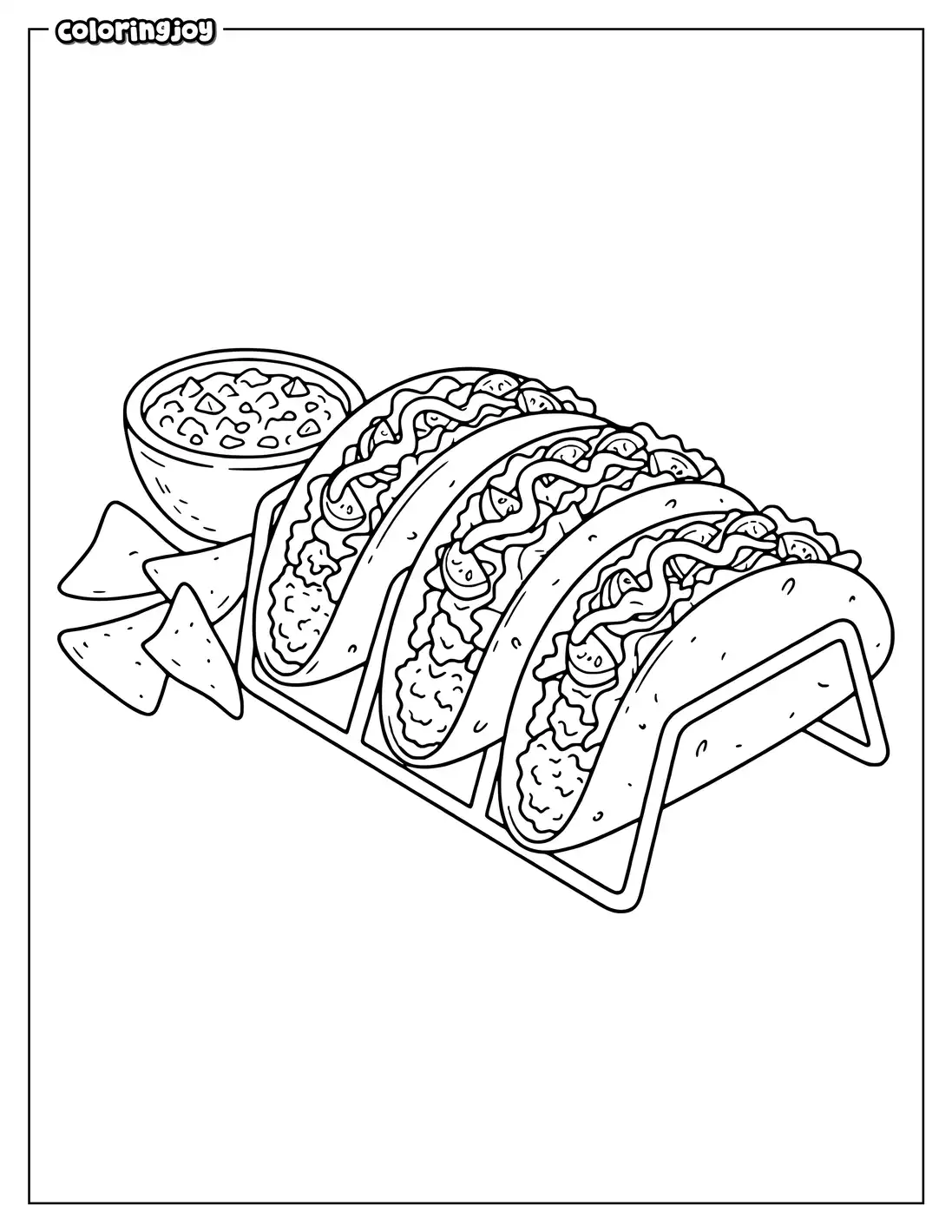 Three tacos in holder beside salsa bowl and tortilla chips.