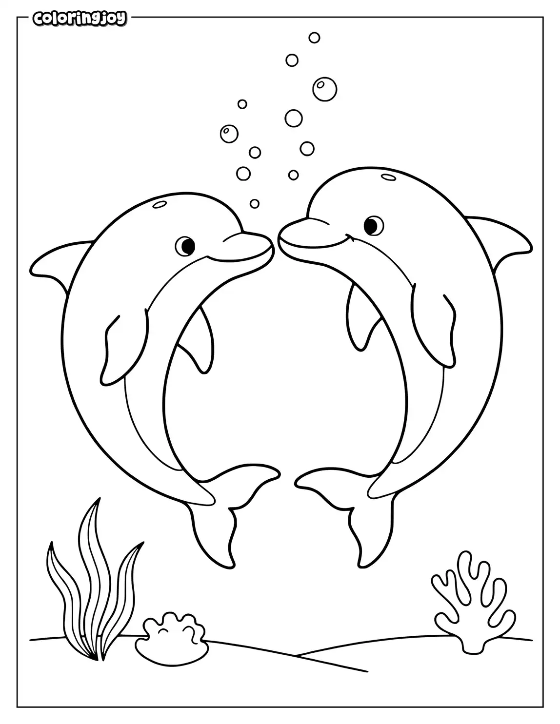 Two smiling dolphins swim together above simple underwater plants.