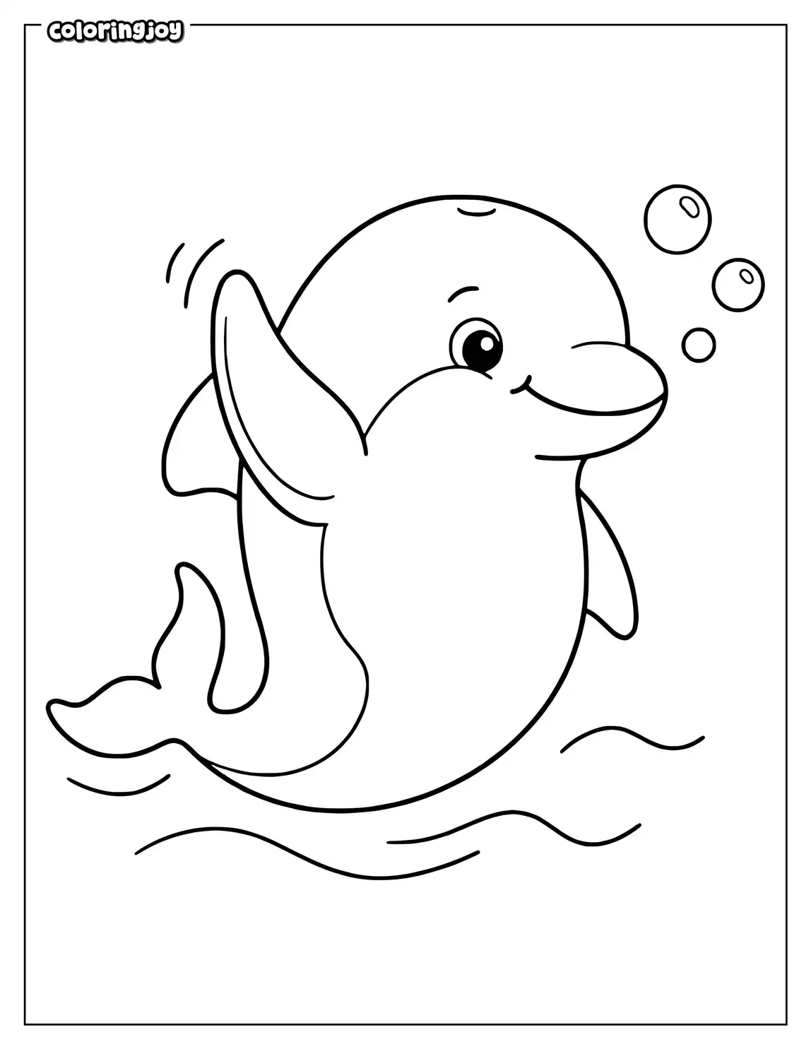A dolphin waves one fin beside floating ocean bubbles.