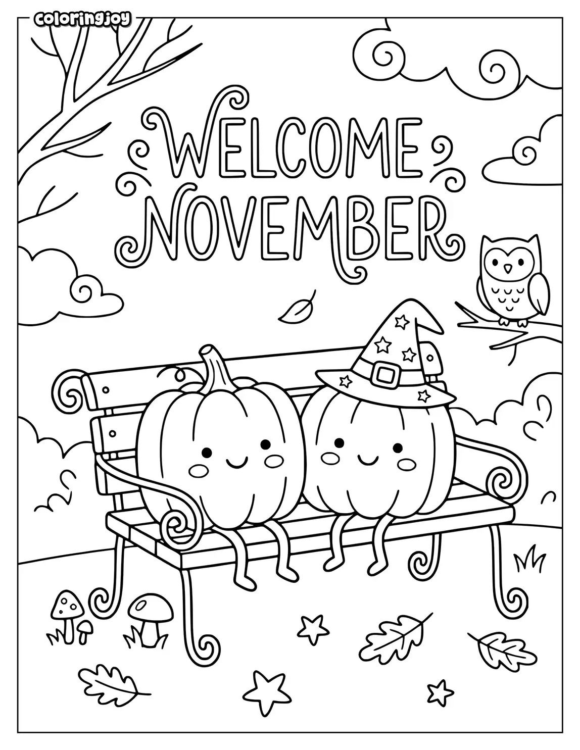 Two square pumpkins sit together on a bench beneath the �Welcome November.�