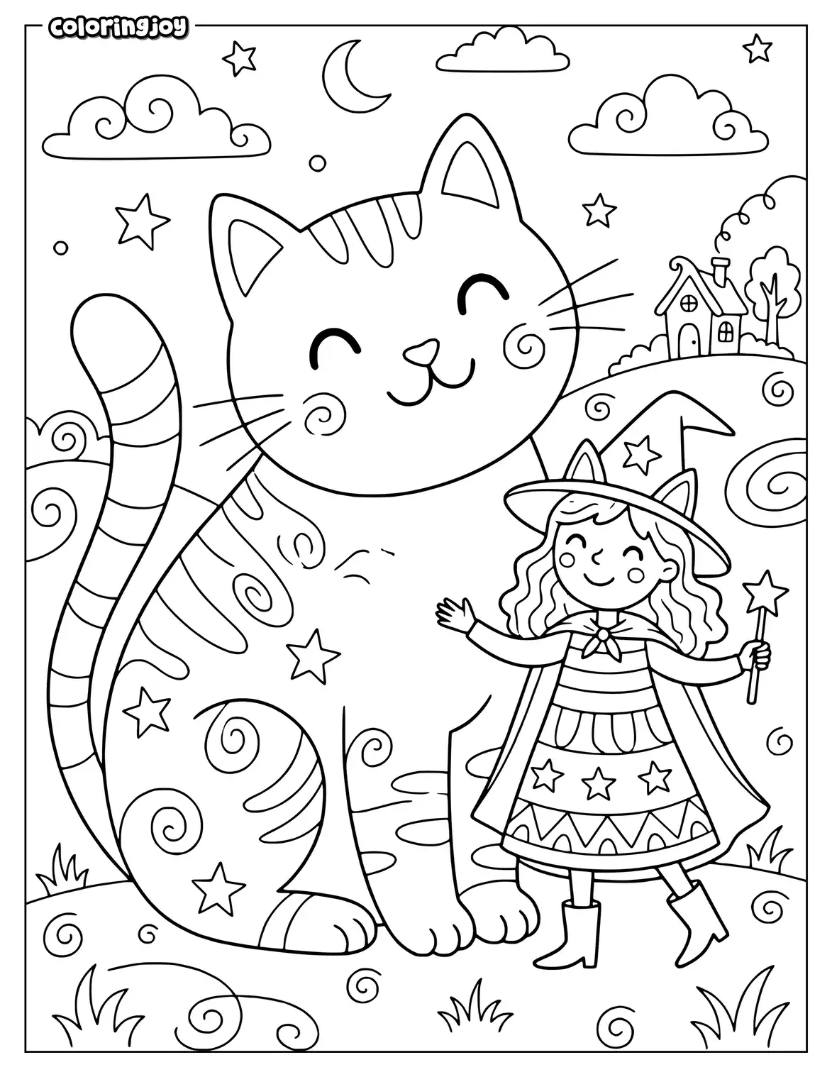 Witch and a cat coloring page for kids