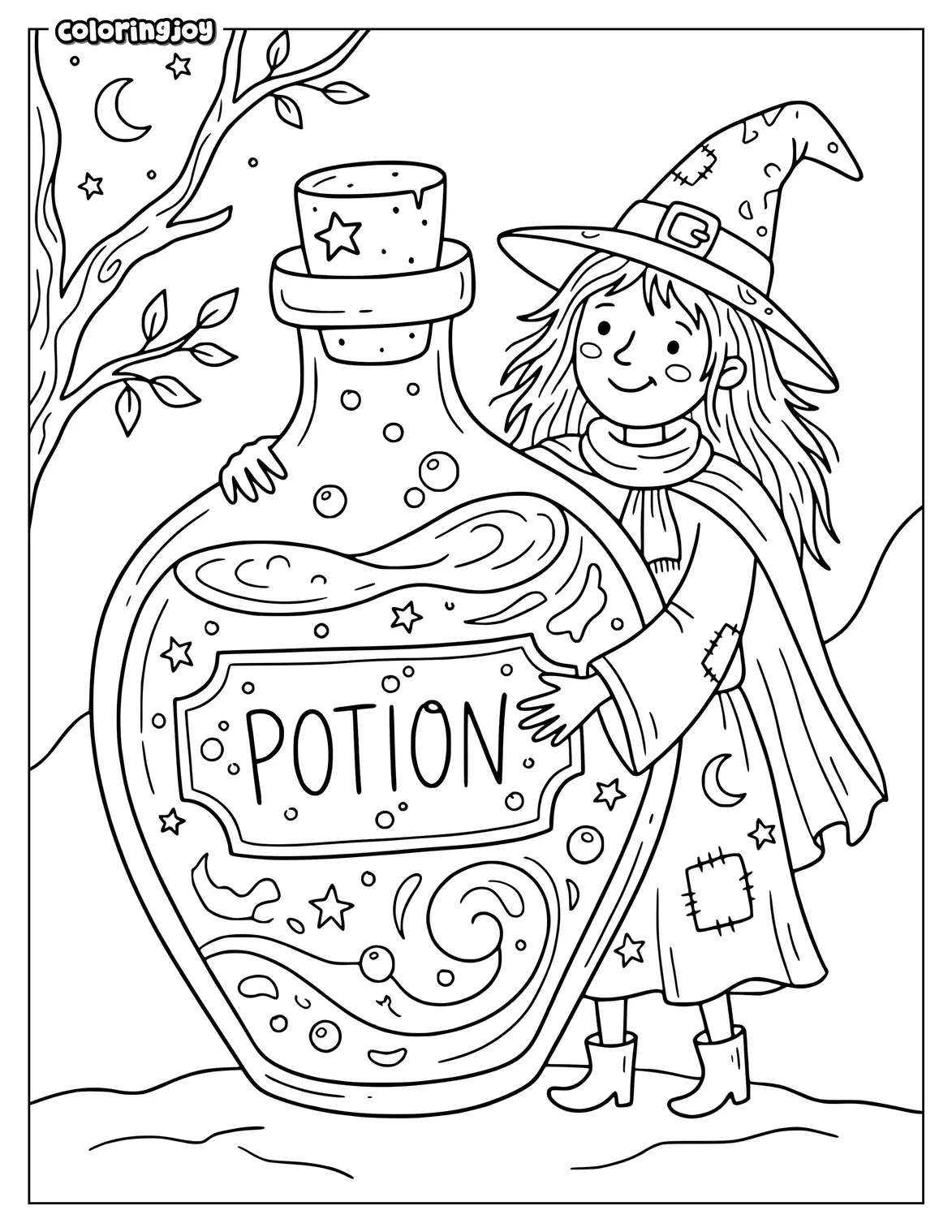 Witch brewing a potion in a bottle to color