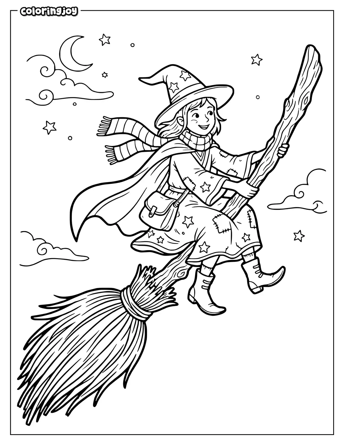 Witch flying on a broomstick coloring page