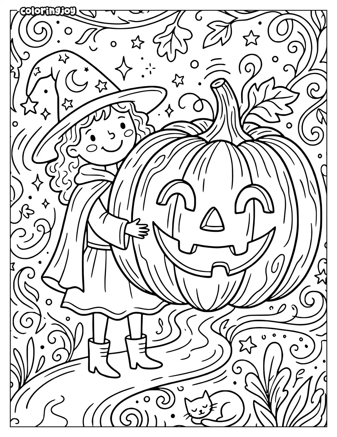 Witch holding a pumpkin coloring page to print