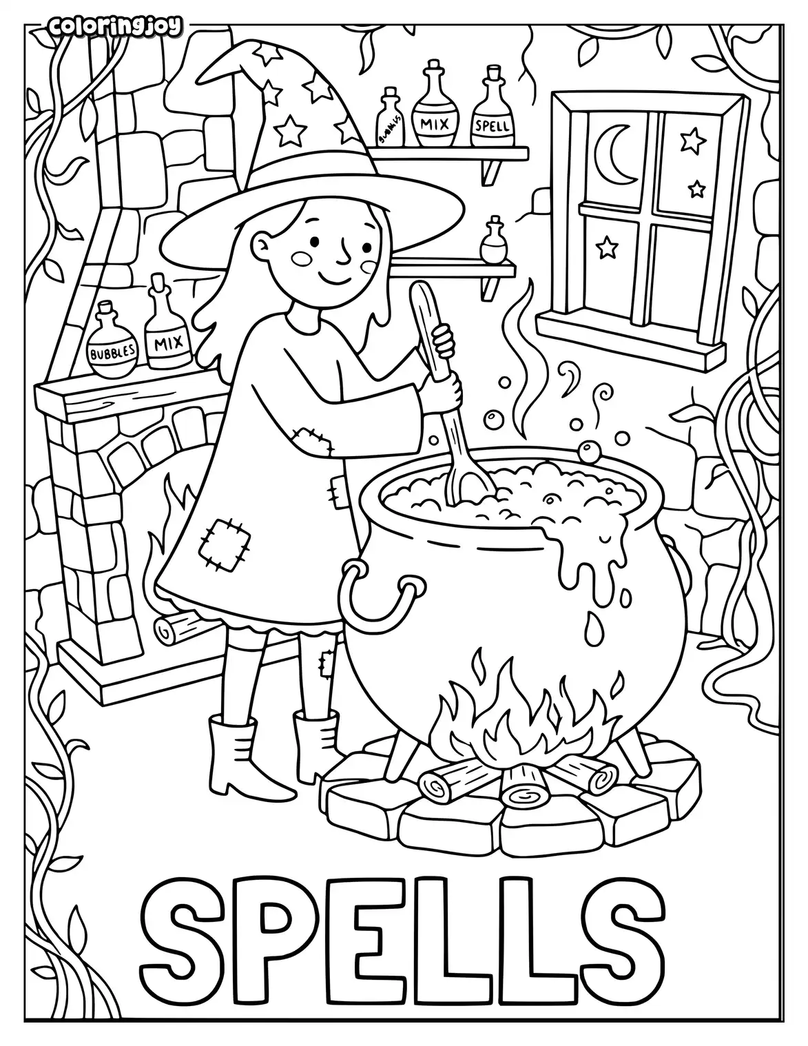 Witch potion coloring page with spells