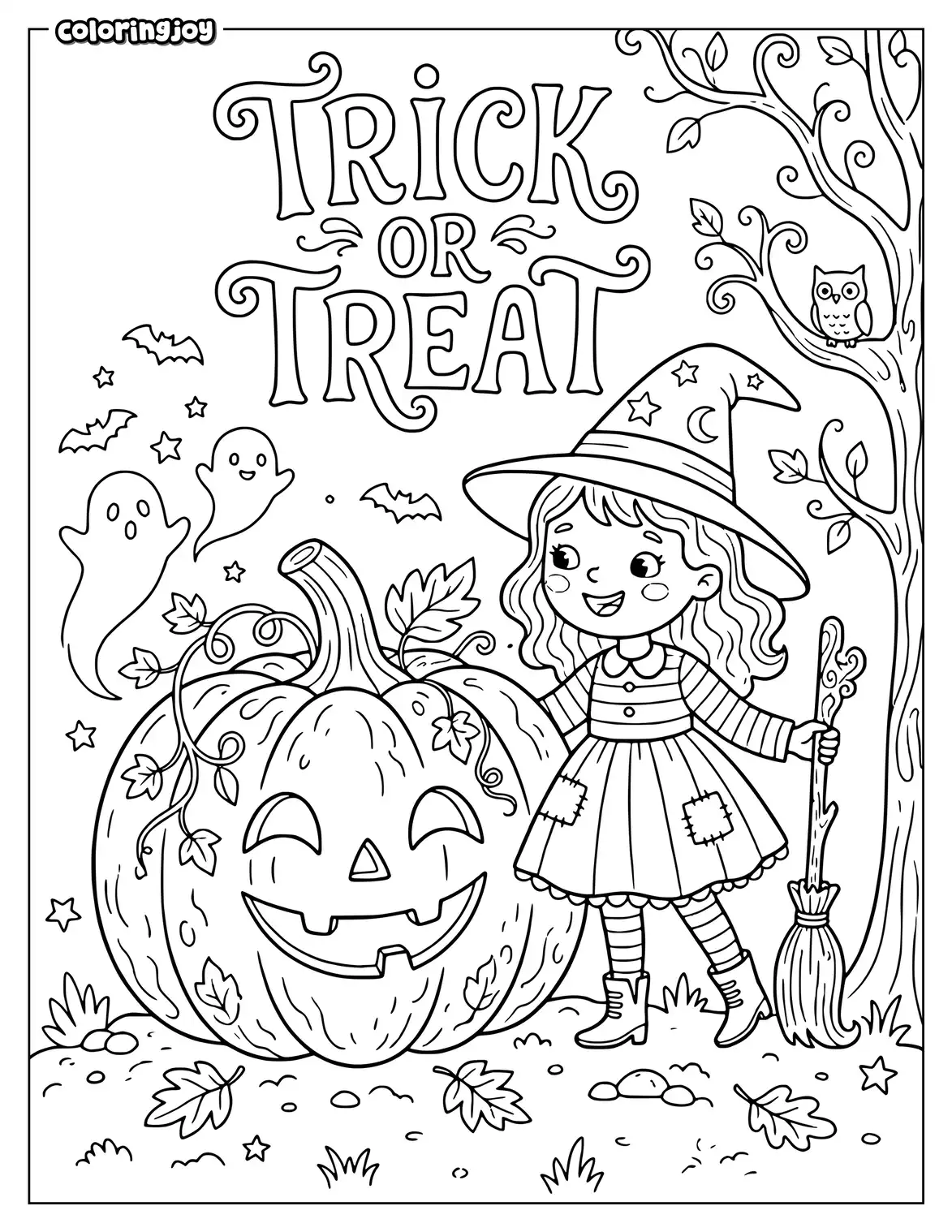 Witch and pumpkin coloring page with trick or treat