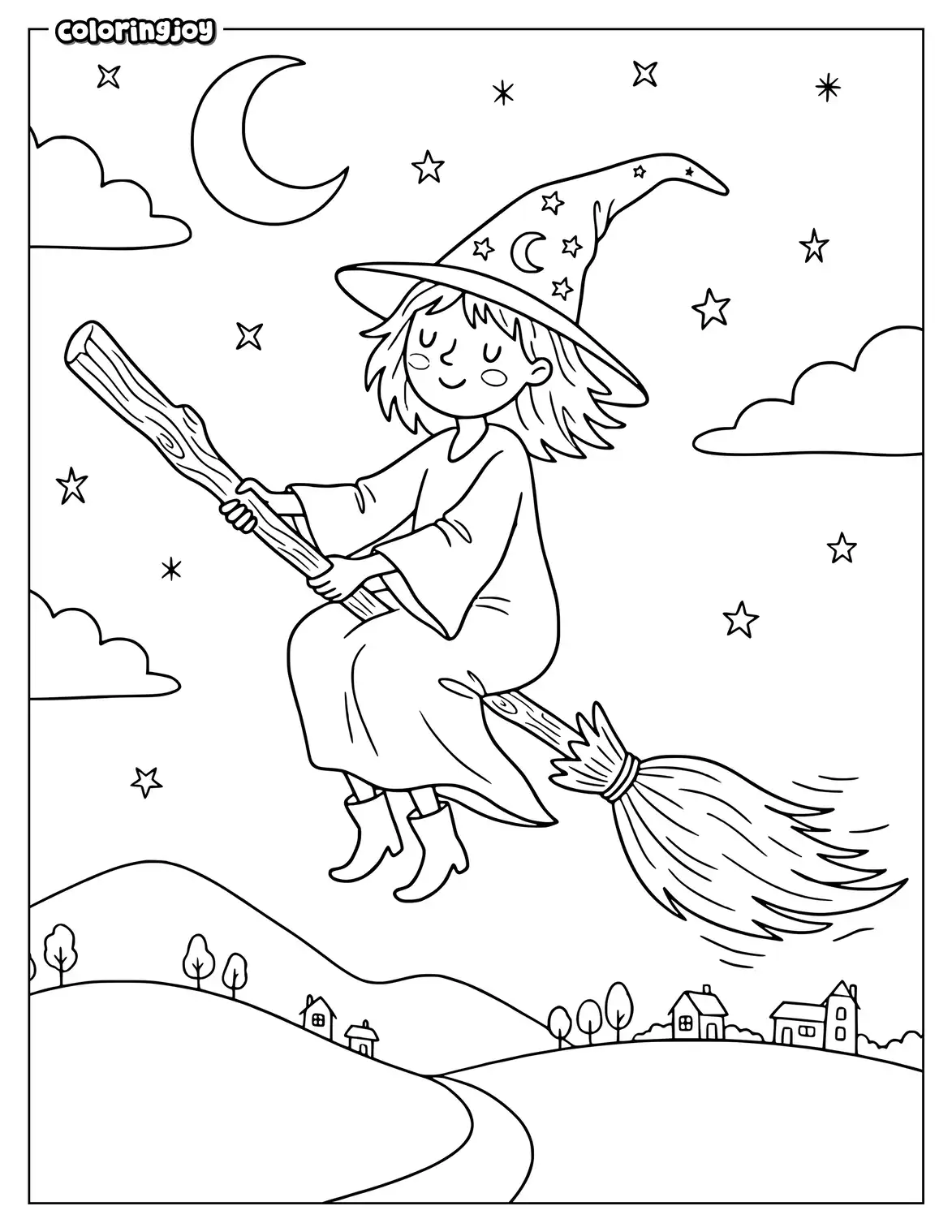 Witch riding a broomstick printable coloring page