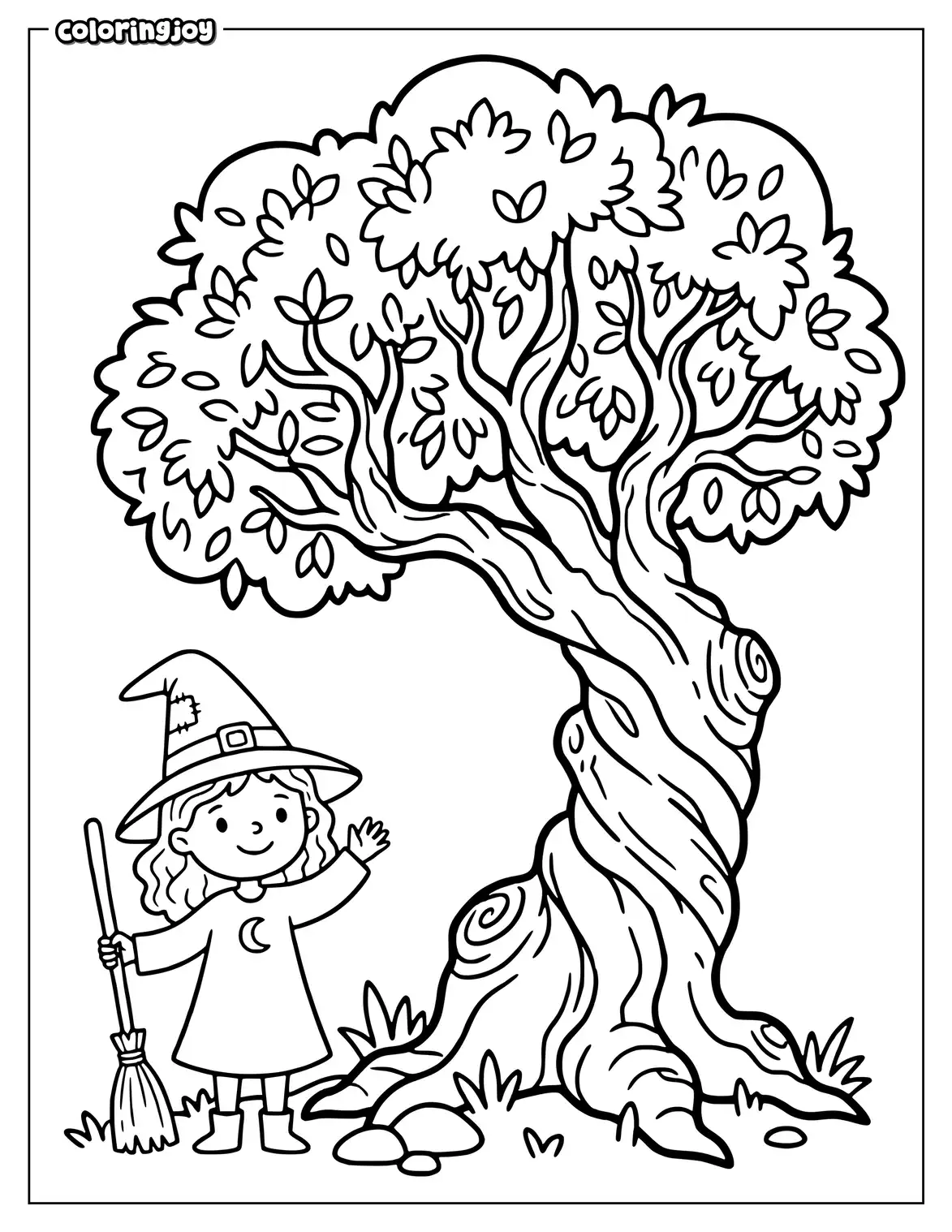 Witch standing beside a twisted tree coloring page