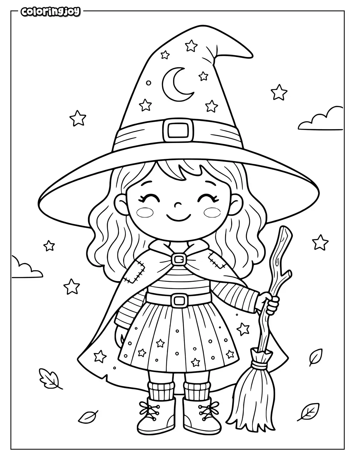 Witch wearing a pointed hat printable coloring page