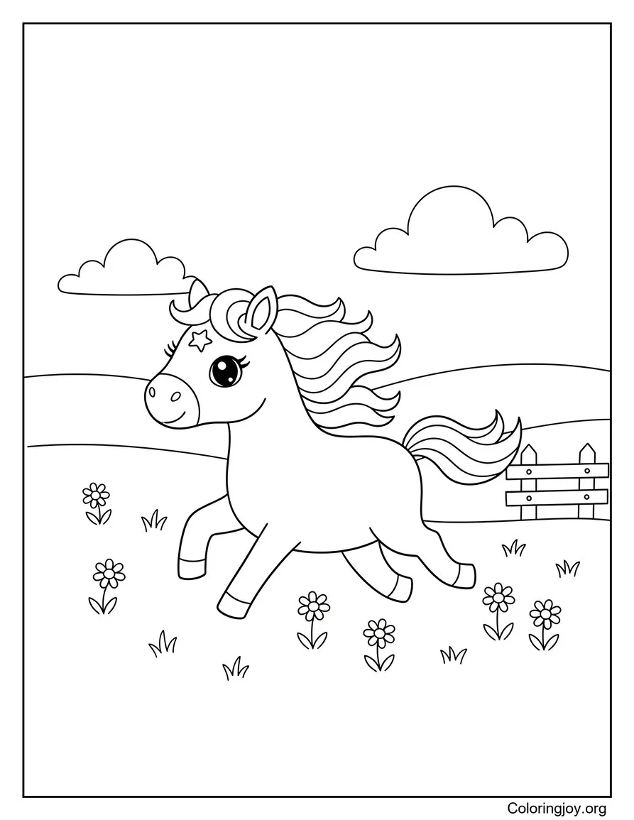 Over a sunny field, a cheerful horse runs freely with excitement.
