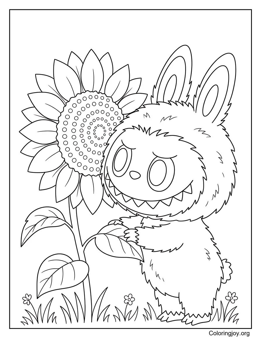 Labubu Smelling a Sunflower