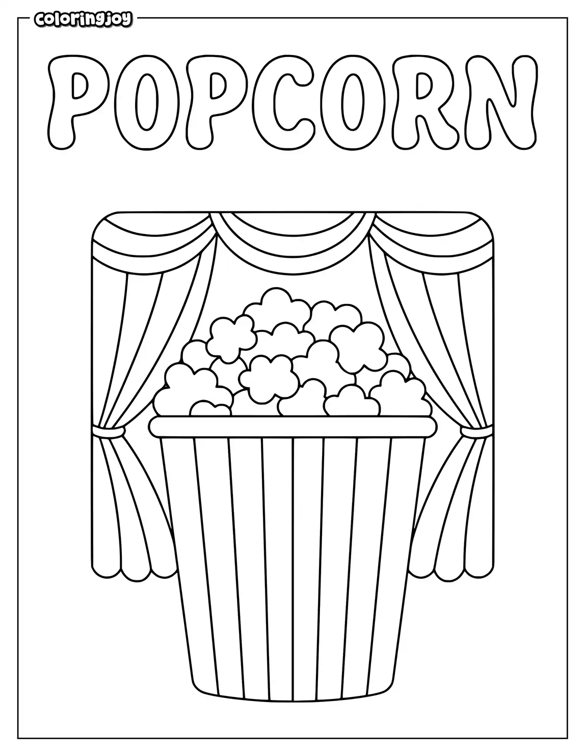 A playful popcorn stack has curved letters above it.
