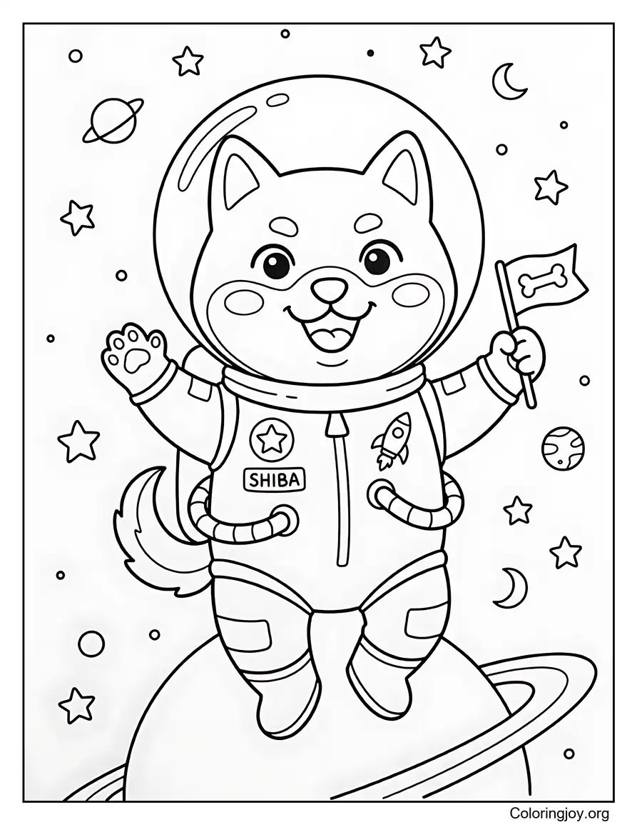 Shiba Inu Astronaut in Space Coloring Sheet