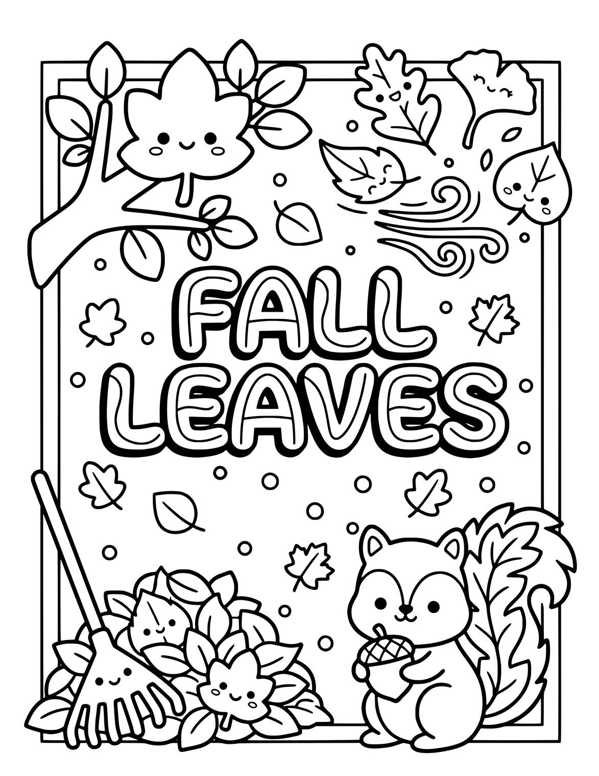 acorns resting beneath oversized Fall Leaves in an autumn coloring page.