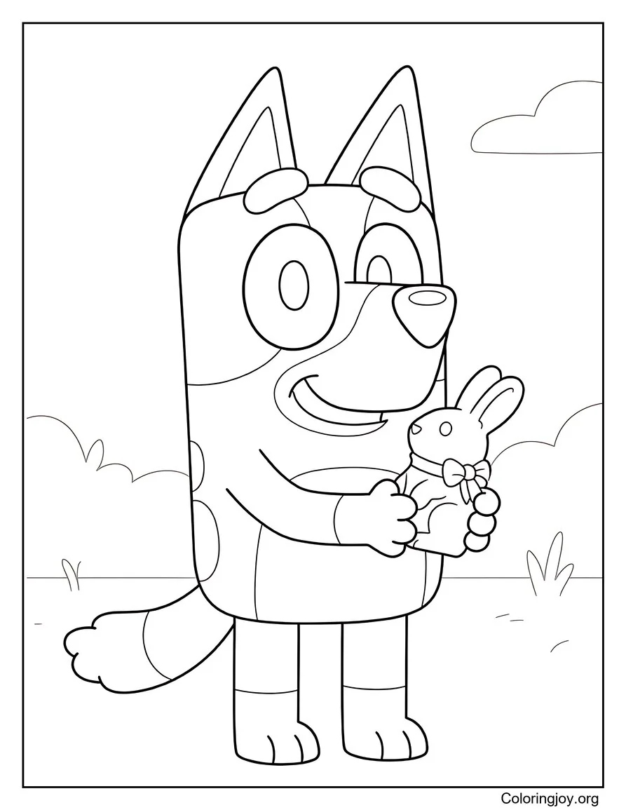 A proud pup holds a chocolate bunny like a special prize.