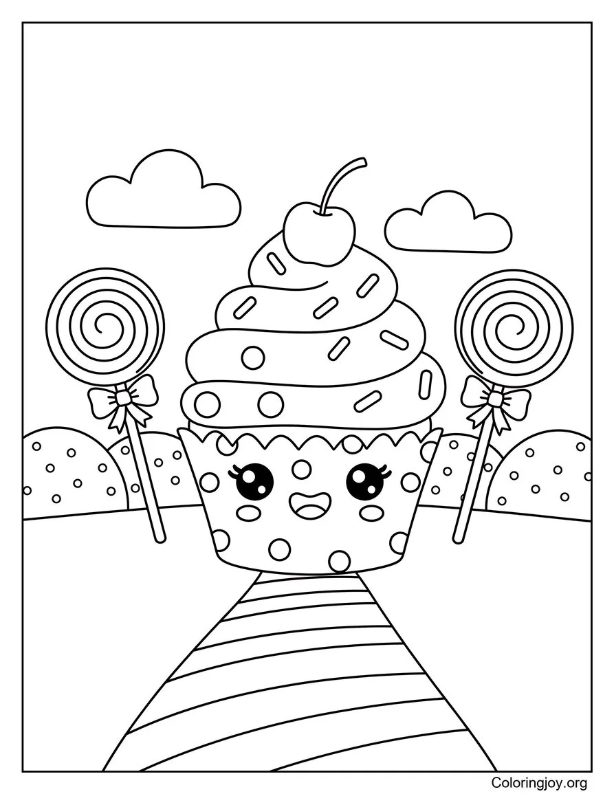 Explore a magical world full of lollipops, marshmallows, and a cute cupcake.
