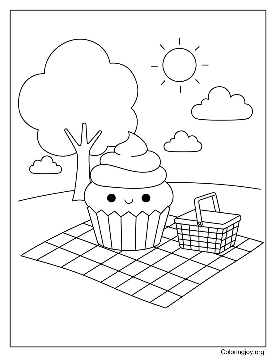 Sit a smiling cupcake on a picnic blanket in a simple park.