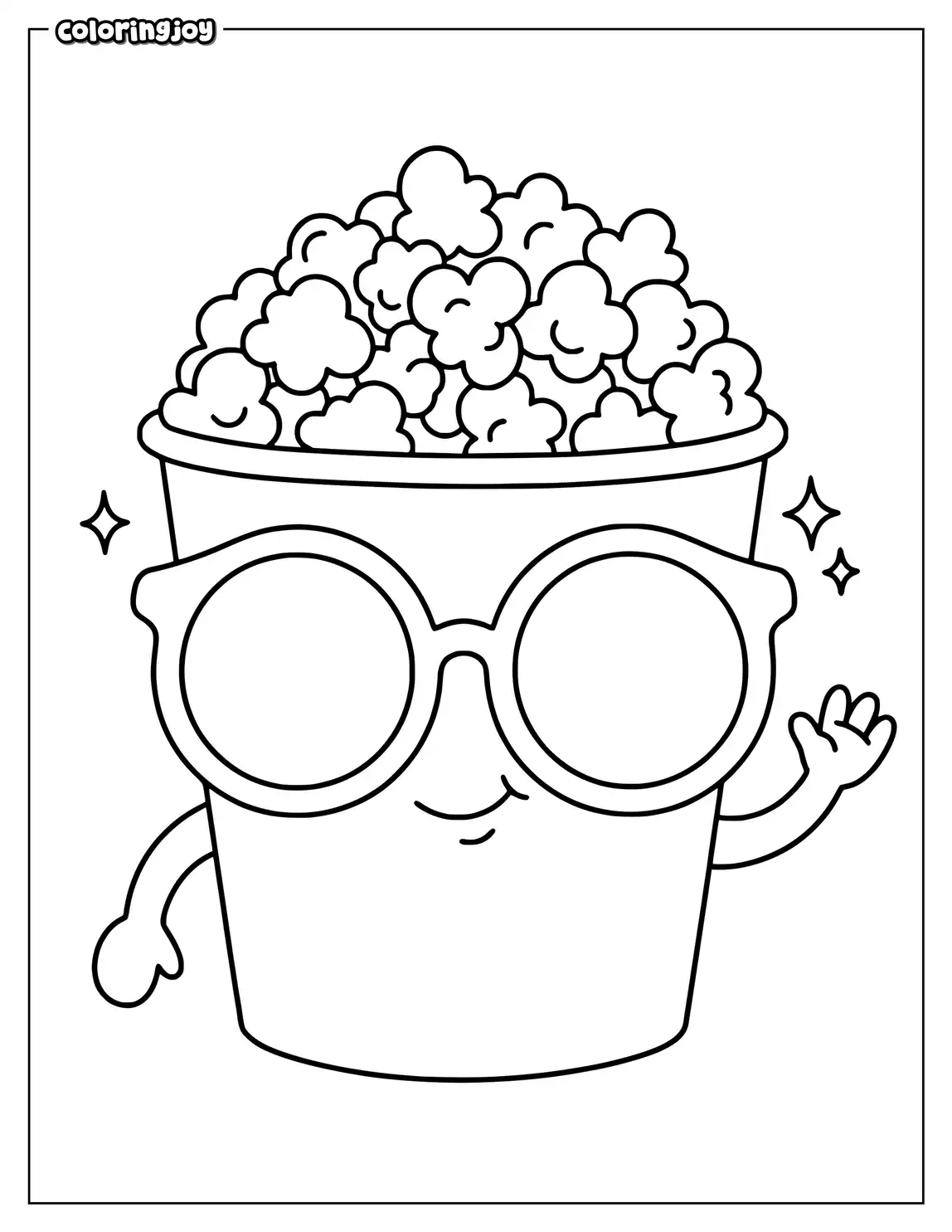 A playful popcorn character poses with round glasses.