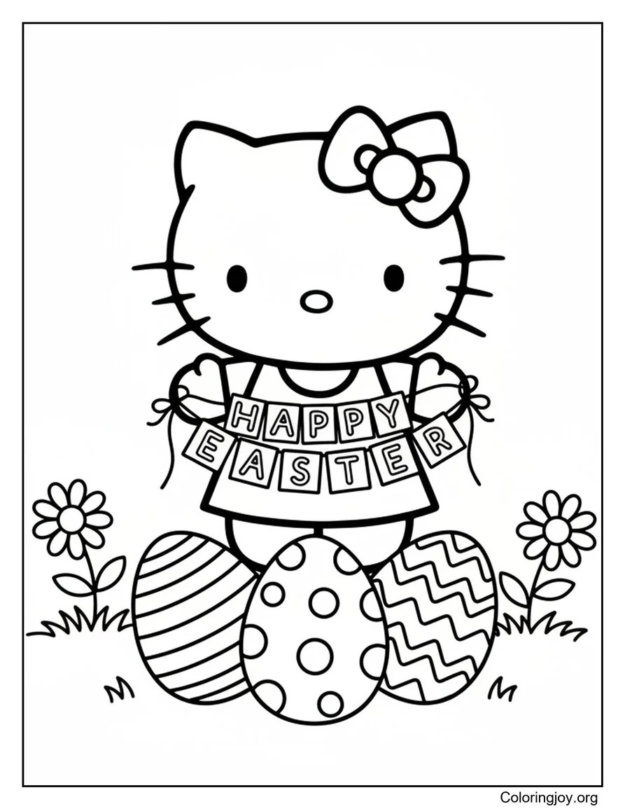Hello Kitty holding Happy Easter Banner